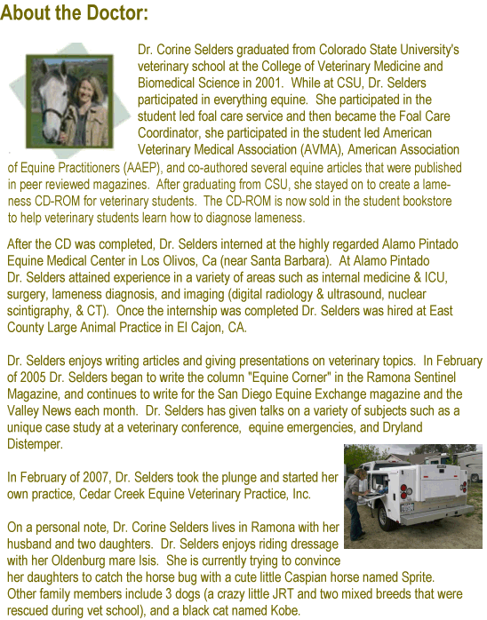 About Dr. Selders, Cedar Creek Equine serving Ramona, Julian and Poway.  